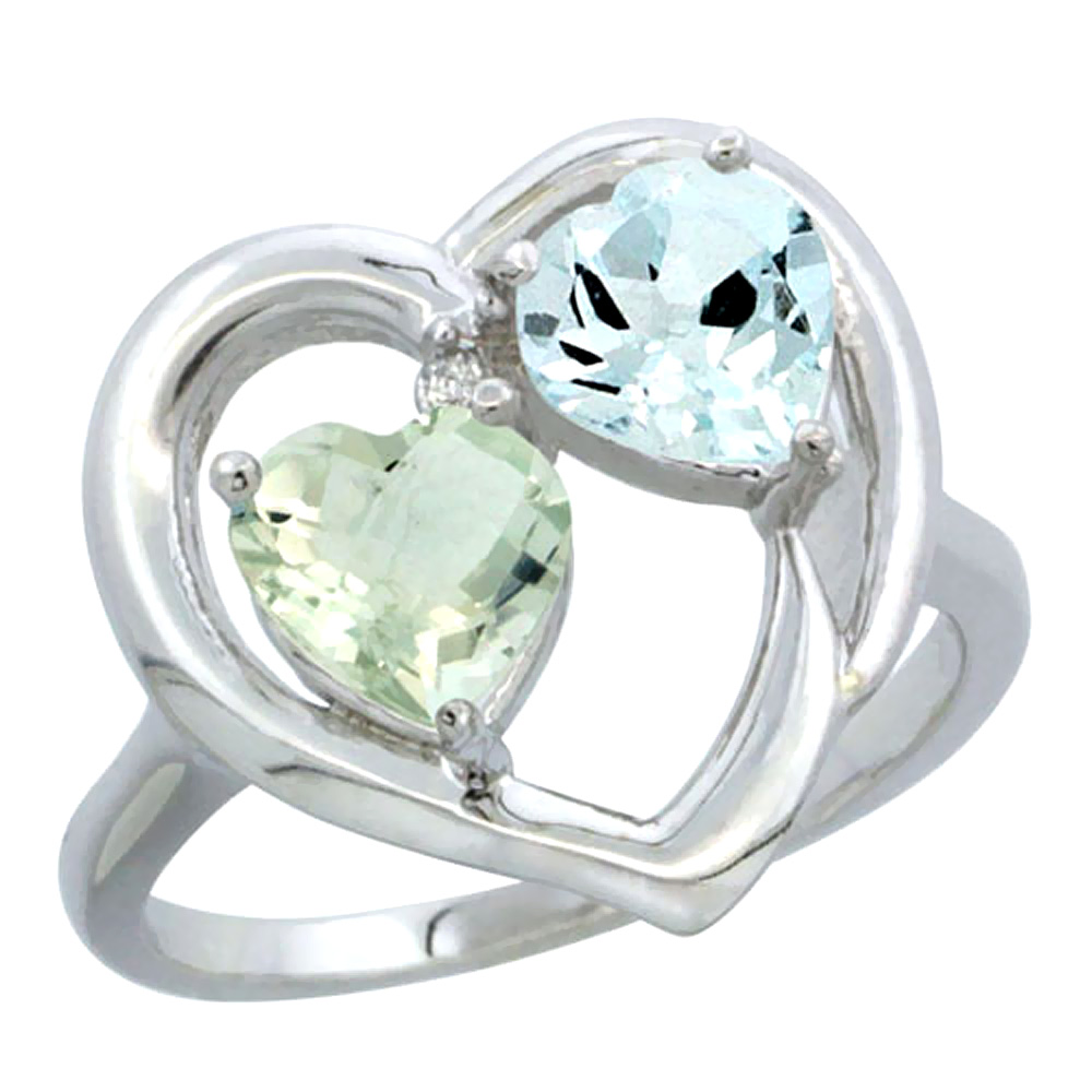 10K White Gold Diamond Two-stone Heart Ring 6mm Natural Green Amethyst & Aquamarine, sizes 5-10