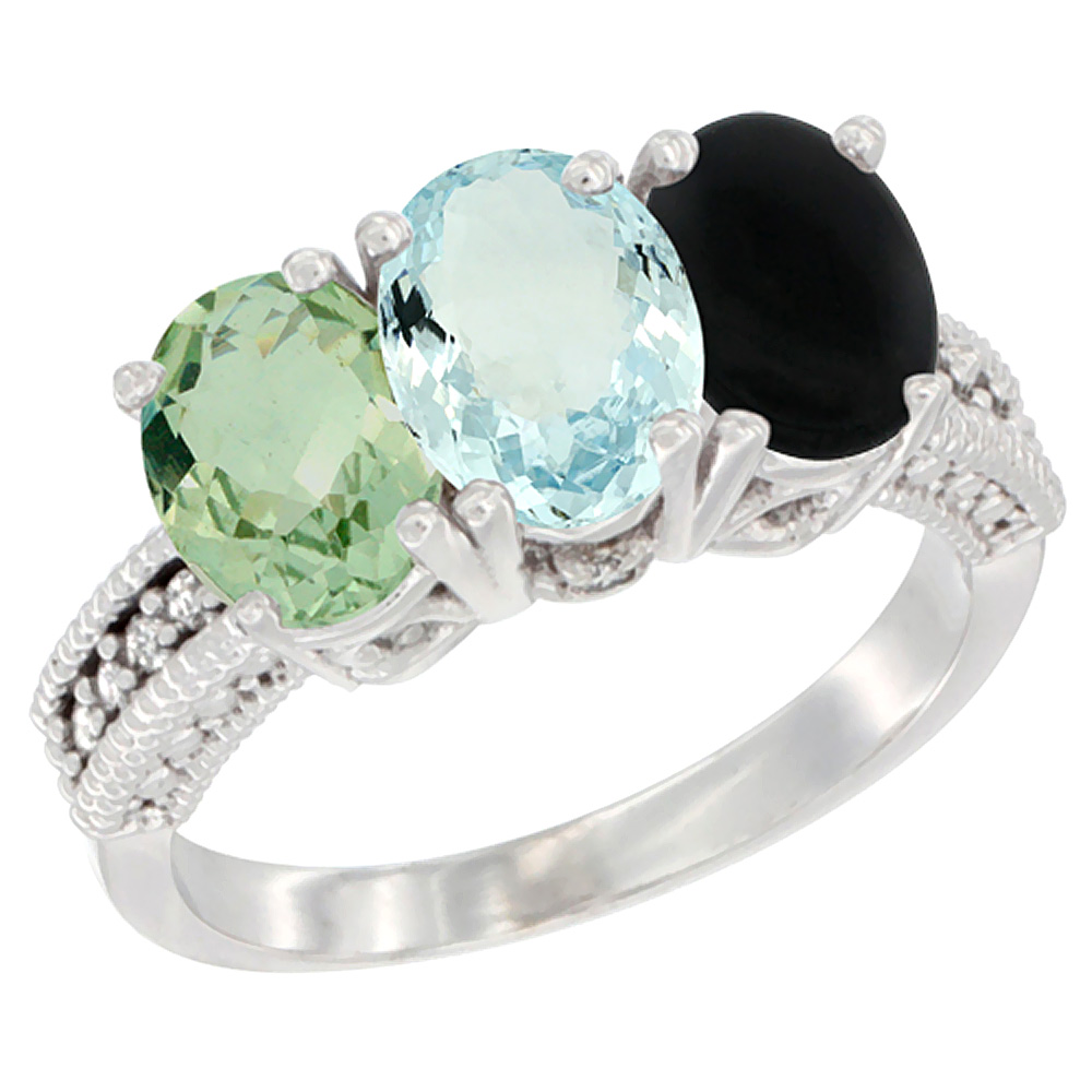 14K White Gold Natural Green Amethyst, Aquamarine &amp; Black Onyx Ring 3-Stone 7x5 mm Oval Diamond Accent, sizes 5 - 10