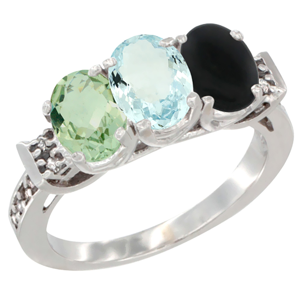 14K White Gold Natural Green Amethyst, Aquamarine & Black Onyx Ring 3-Stone 7x5 mm Oval Diamond Accent, sizes 5 - 10