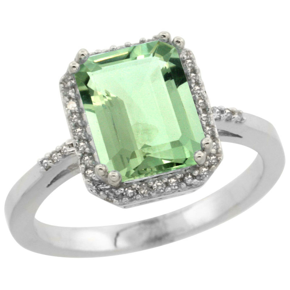 10K White Gold Diamond Genuine Green Amethyst Ring Emerald-cut 9x7mm sizes 5-10