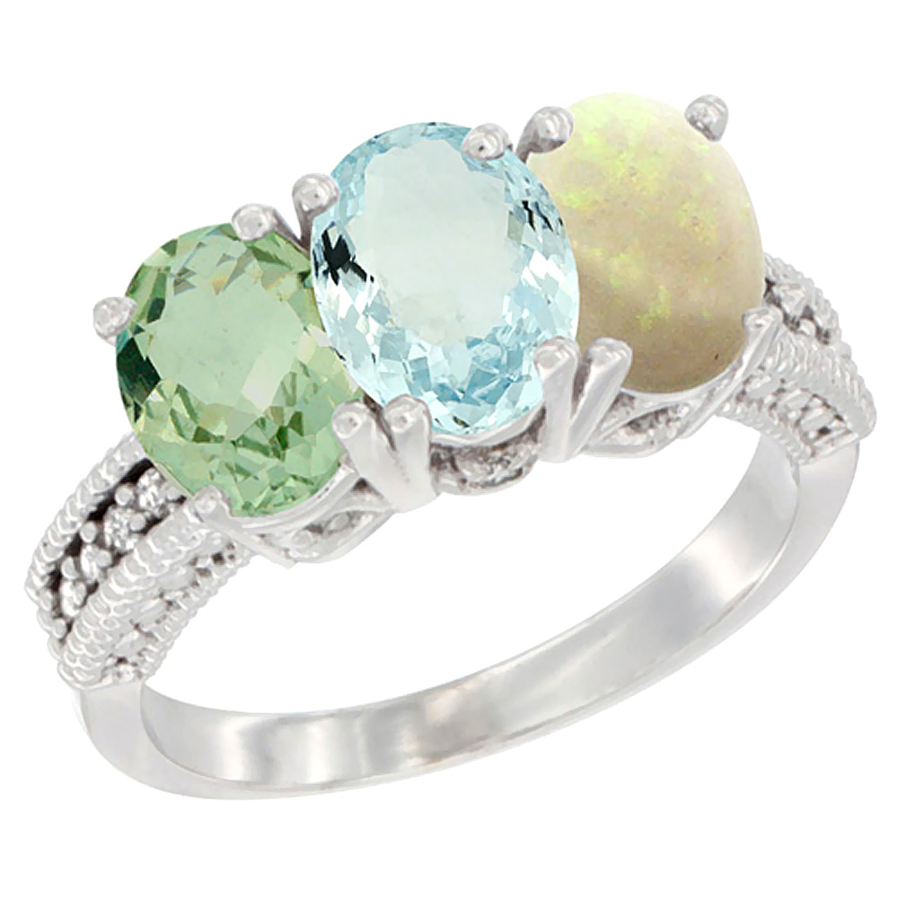 10K White Gold Natural Green Amethyst, Aquamarine & Opal Ring 3-Stone Oval 7x5 mm Diamond Accent, sizes 5 - 10