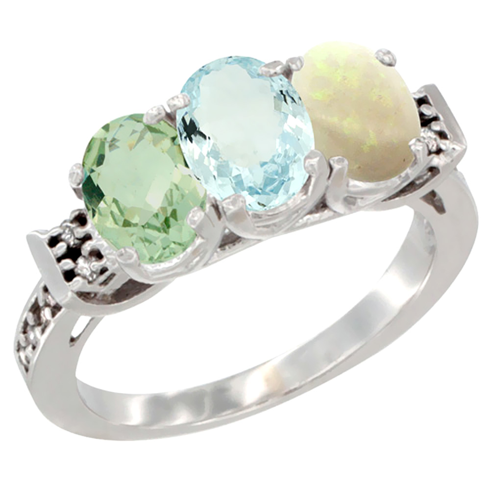 14K White Gold Natural Green Amethyst, Aquamarine & Opal Ring 3-Stone 7x5 mm Oval Diamond Accent, sizes 5 - 10