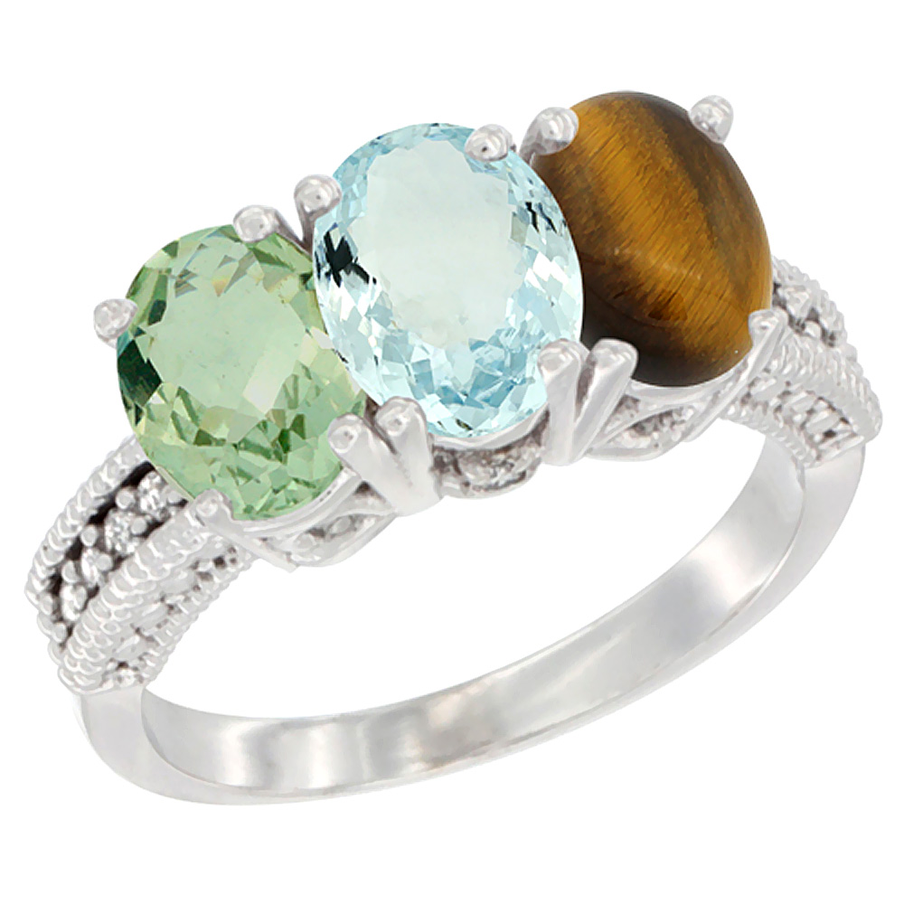 14K White Gold Natural Green Amethyst, Aquamarine & Tiger Eye Ring 3-Stone 7x5 mm Oval Diamond Accent, sizes 5 - 10