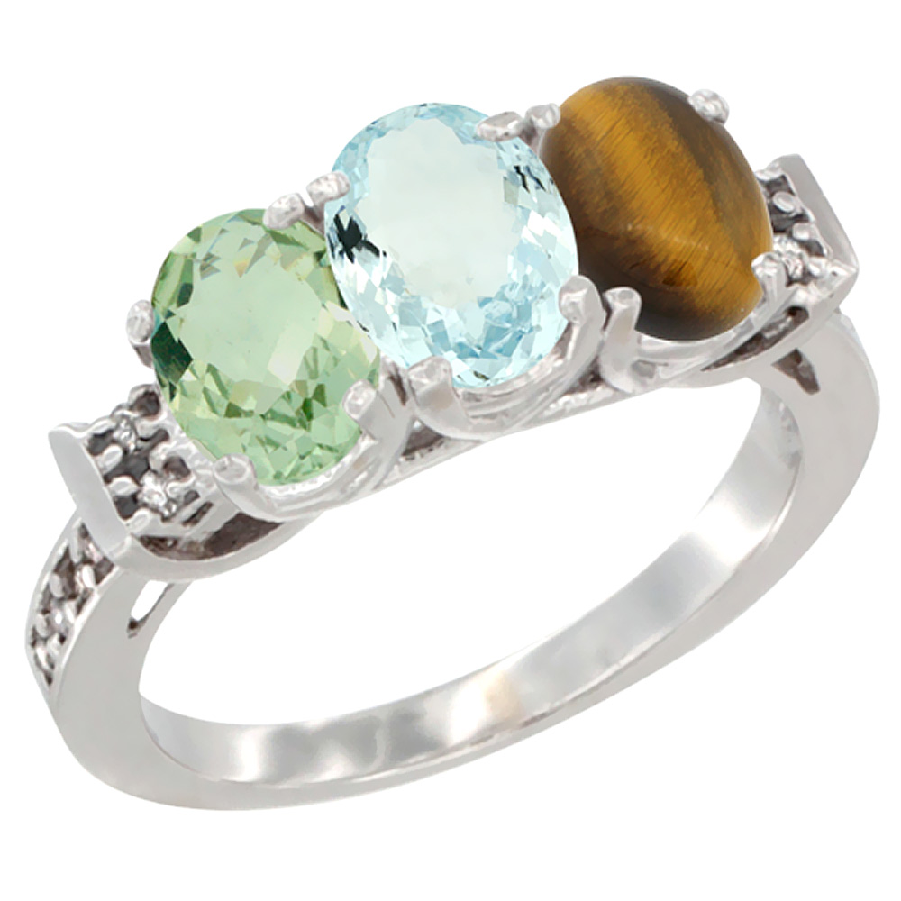 10K White Gold Natural Green Amethyst, Aquamarine & Tiger Eye Ring 3-Stone Oval 7x5 mm Diamond Accent, sizes 5 - 10