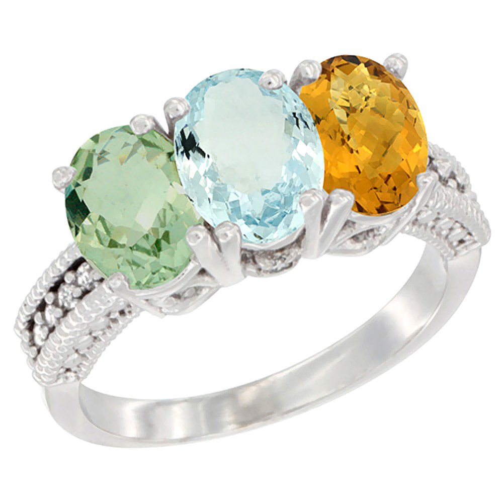 14K White Gold Natural Green Amethyst, Aquamarine & Whisky Quartz Ring 3-Stone 7x5 mm Oval Diamond Accent, sizes 5 - 10