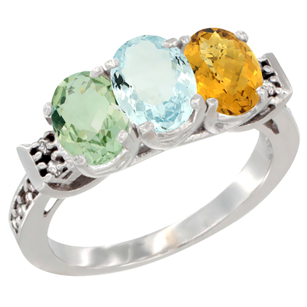 14K White Gold Natural Green Amethyst, Aquamarine & Whisky Quartz Ring 3-Stone 7x5 mm Oval Diamond Accent, sizes 5 - 10