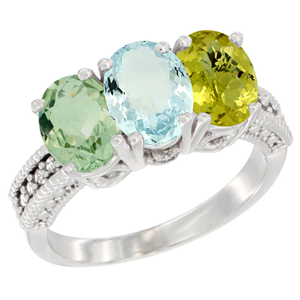 10K White Gold Natural Green Amethyst, Aquamarine & Lemon Quartz Ring 3-Stone Oval 7x5 mm Diamond Accent, sizes 5 - 10