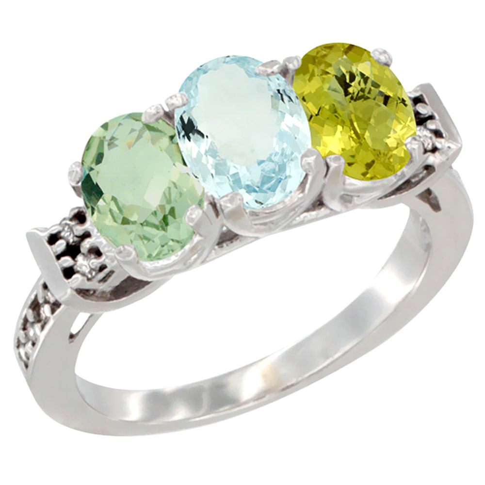 14K White Gold Natural Green Amethyst, Aquamarine & Lemon Quartz Ring 3-Stone 7x5 mm Oval Diamond Accent, sizes 5 - 10