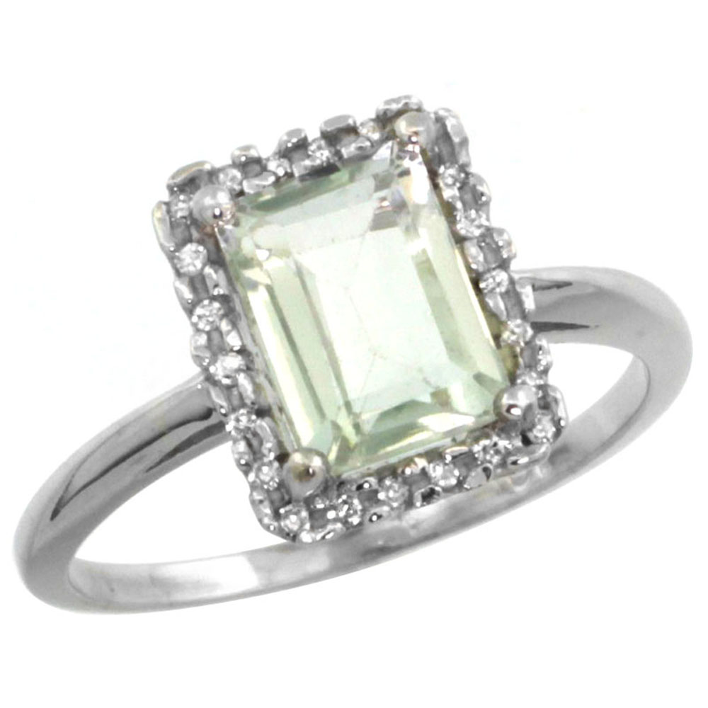 10K White Gold Diamond Genuine Green Amethyst Ring Emerald-cut 8x6mm sizes 5-10