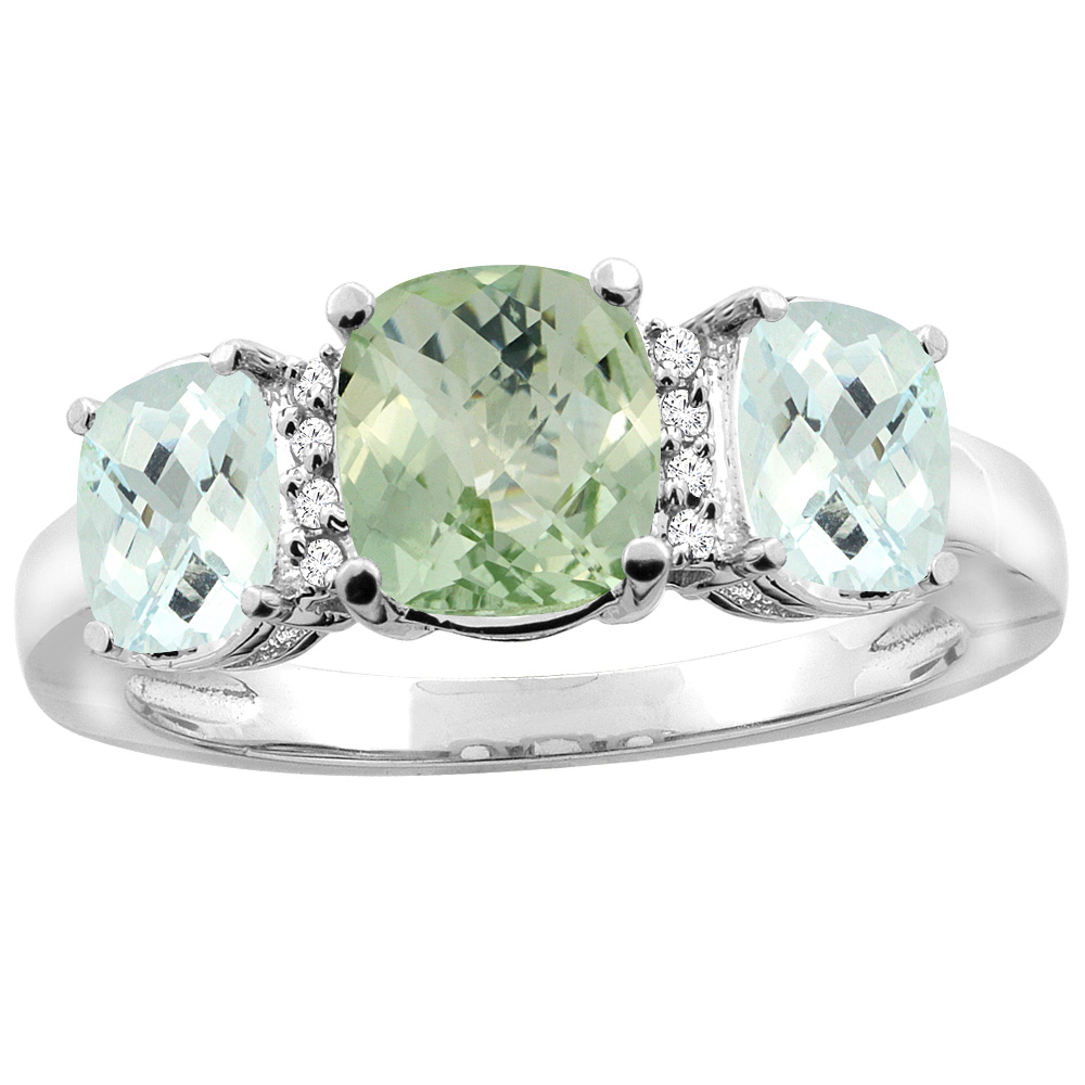 14K White Gold Natural Green Amethyst & Aquamarine 3-stone Ring Cushion 8x6mm Diamond Accent, sizes 5 - 10