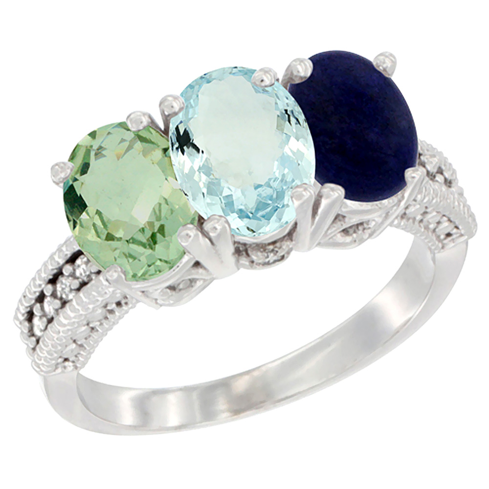 14K White Gold Natural Green Amethyst, Aquamarine & Lapis Ring 3-Stone 7x5 mm Oval Diamond Accent, sizes 5 - 10