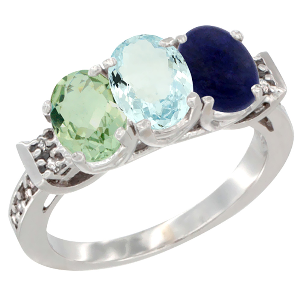 10K White Gold Natural Green Amethyst, Aquamarine & Lapis Ring 3-Stone Oval 7x5 mm Diamond Accent, sizes 5 - 10