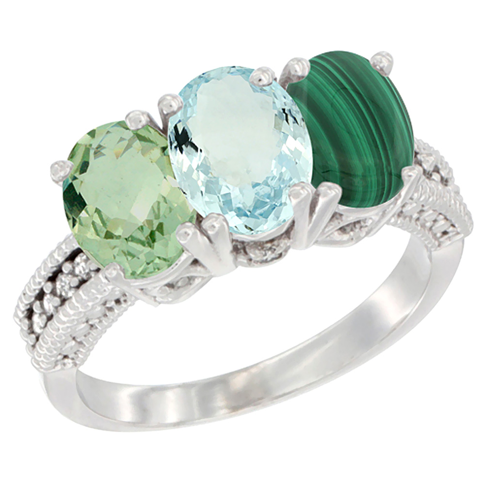 14K White Gold Natural Green Amethyst, Aquamarine &amp; Malachite Ring 3-Stone 7x5 mm Oval Diamond Accent, sizes 5 - 10