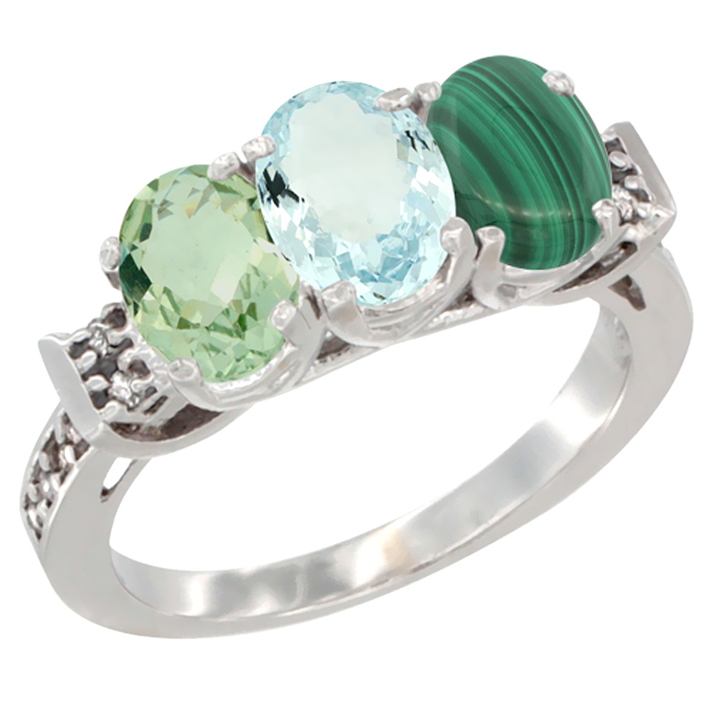 14K White Gold Natural Green Amethyst, Aquamarine & Malachite Ring 3-Stone 7x5 mm Oval Diamond Accent, sizes 5 - 10