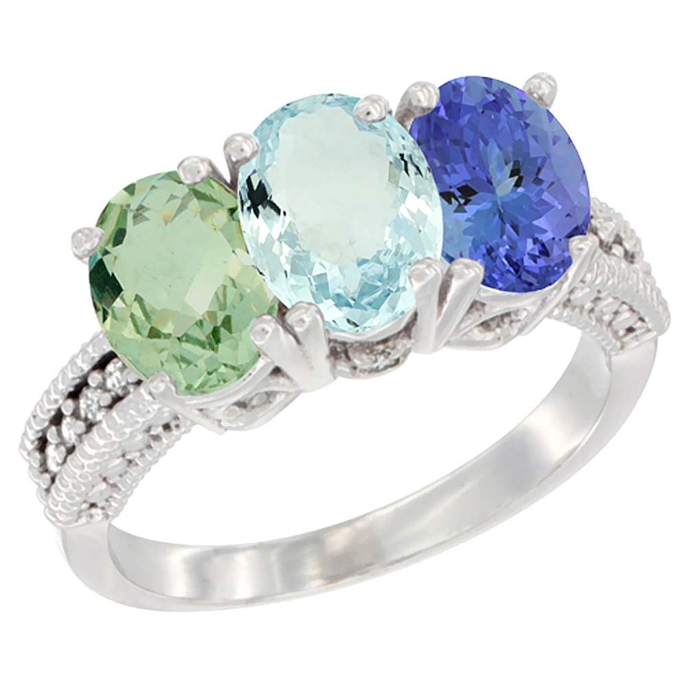 14K White Gold Natural Green Amethyst, Aquamarine & Tanzanite Ring 3-Stone 7x5 mm Oval Diamond Accent, sizes 5 - 10