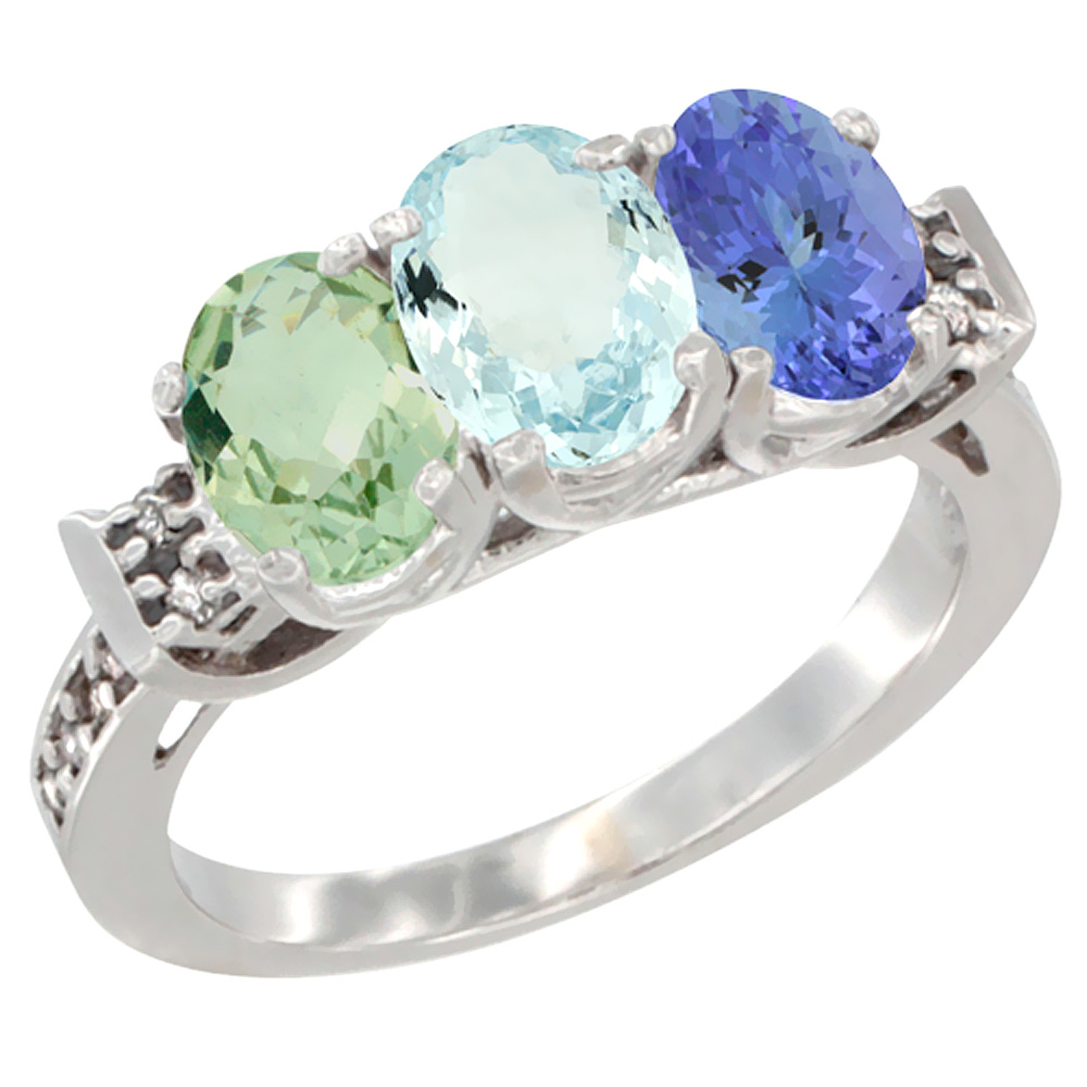 14K White Gold Natural Green Amethyst, Aquamarine & Tanzanite Ring 3-Stone 7x5 mm Oval Diamond Accent, sizes 5 - 10