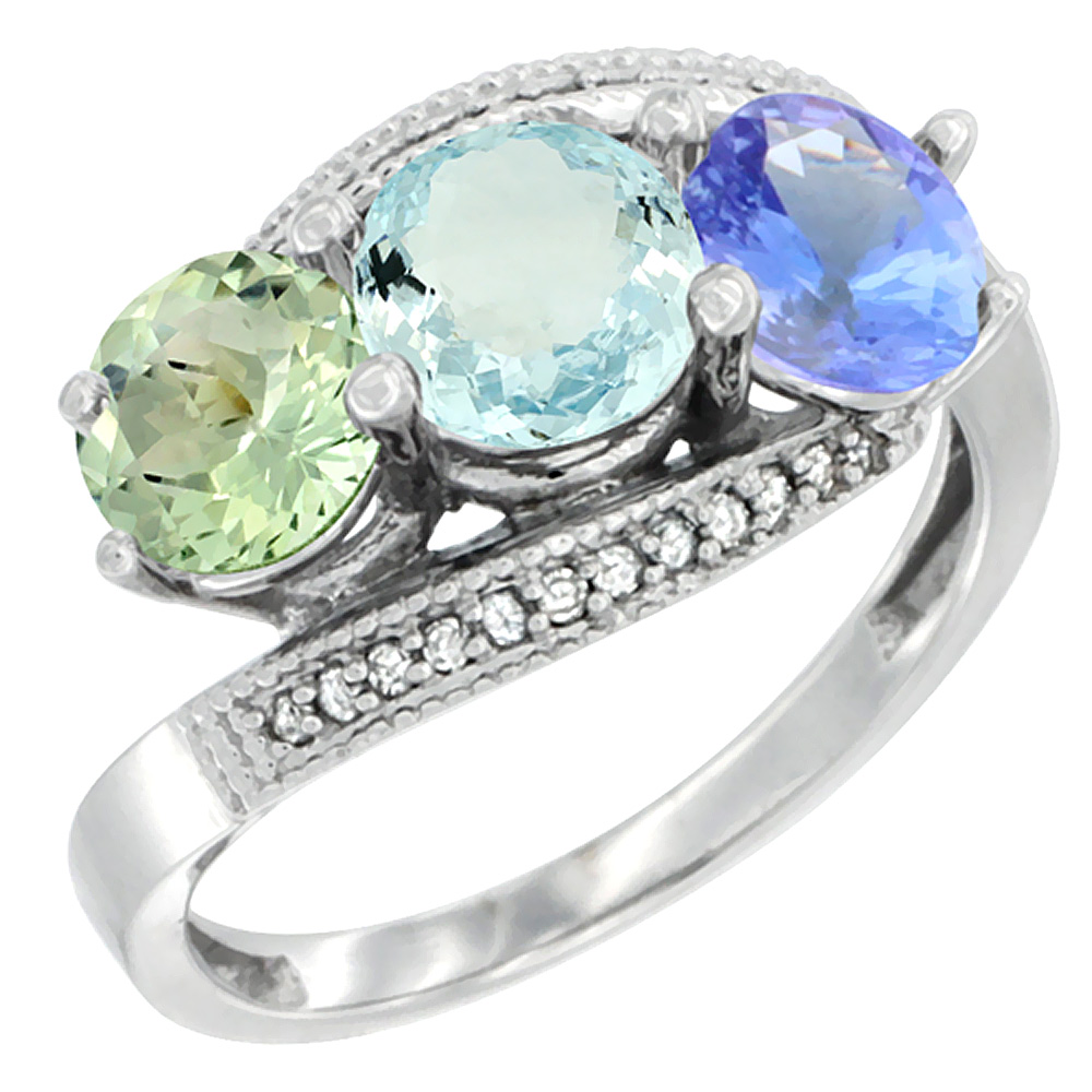 14K White Gold Natural Green Amethyst, Aquamarine & Tanzanite 3 stone Ring Round 6mm Diamond Accent, sizes 5 - 10