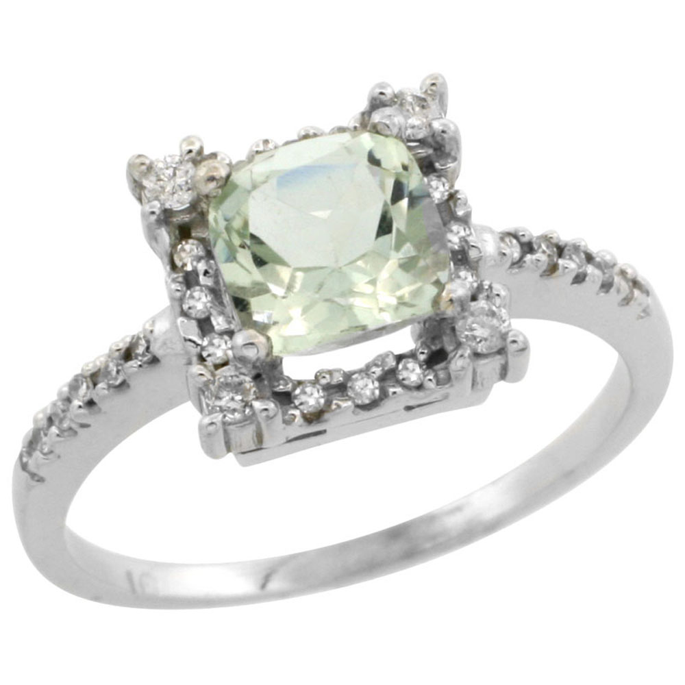 14K White Gold Natural Green Amethyst Ring Cushion-cut 6x6mm Diamond Halo, sizes 5-10