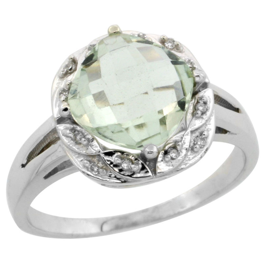 14K White Gold Natural Green Amethyst Ring Cushion-cut 8x8mm Diamond Halo, sizes 5-10