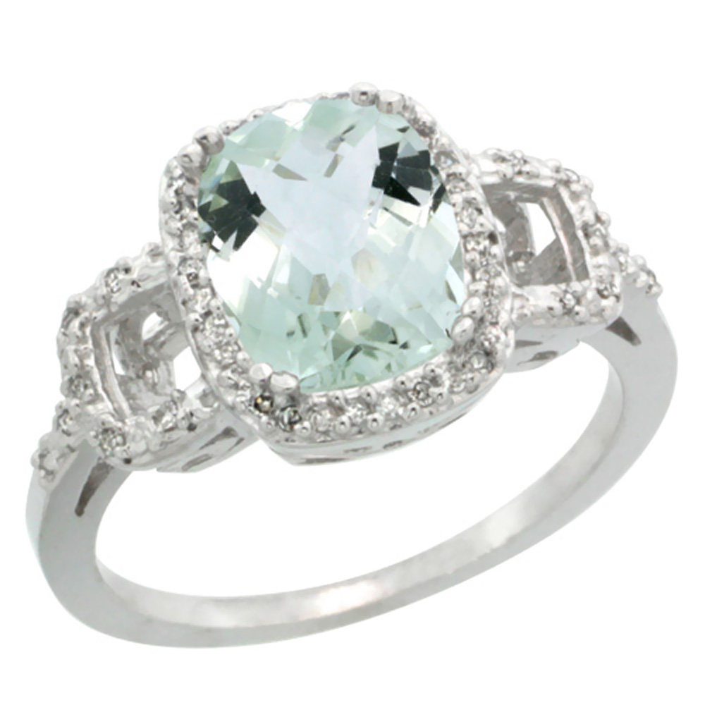 14K White Gold Diamond Natural Green Amethyst Ring Cushion-cut 9x7mm, sizes 5-10