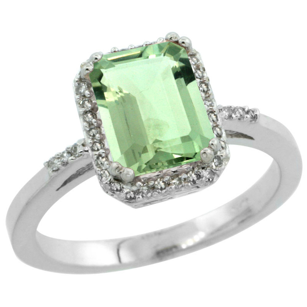 14K White Gold Diamond Natural Green Amethyst Ring Emerald-cut 8x6mm, sizes 5-10