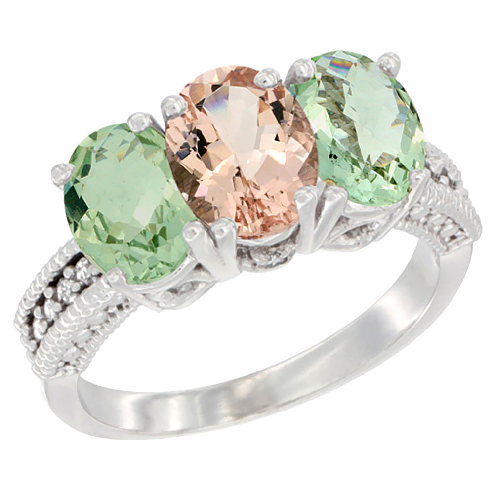 14K White Gold Natural Morganite &amp; Green Amethyst Sides Ring 3-Stone 7x5 mm Oval Diamond Accent, sizes 5 - 10