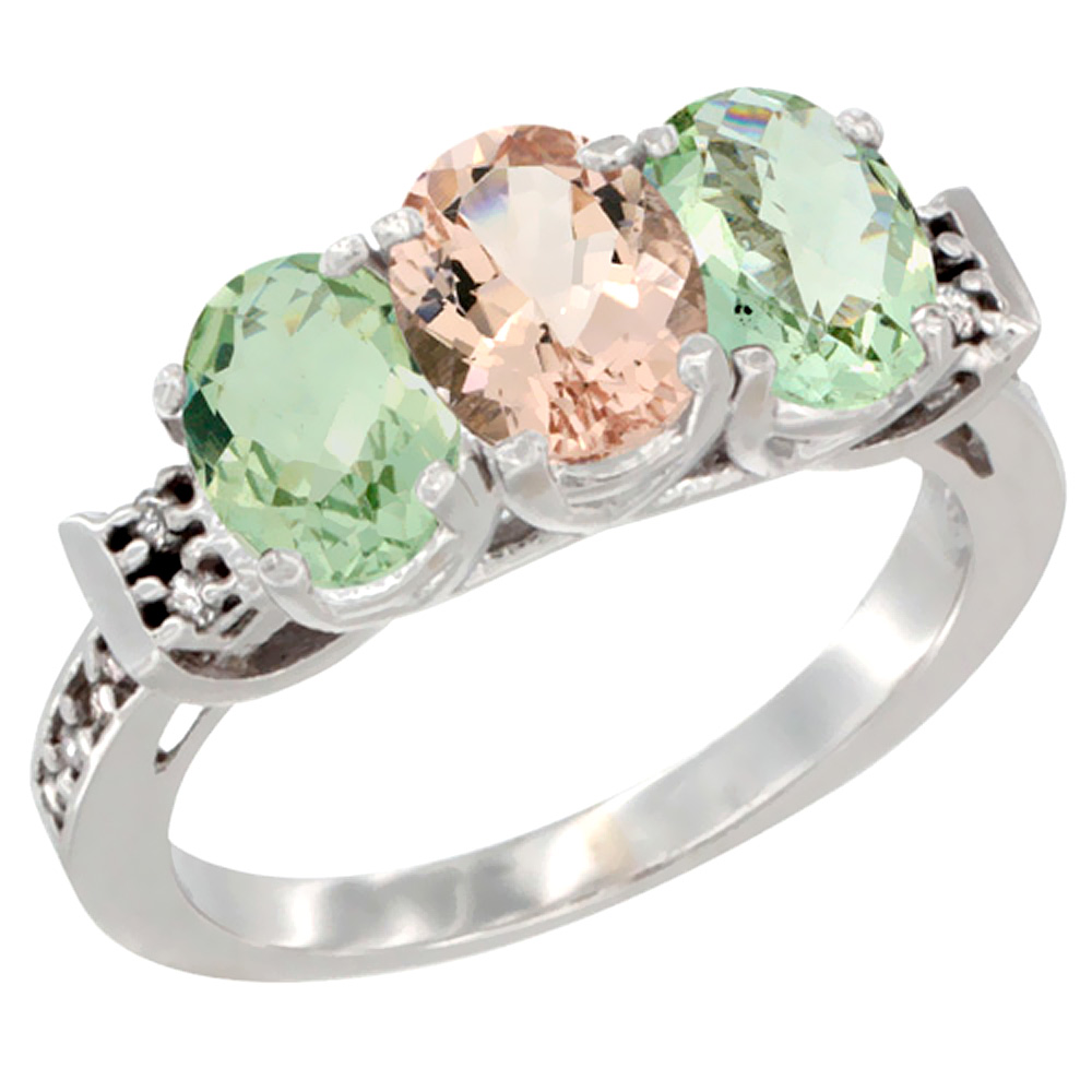 14K White Gold Natural Morganite & Green Amethyst Sides Ring 3-Stone 7x5 mm Oval Diamond Accent, sizes 5 - 10