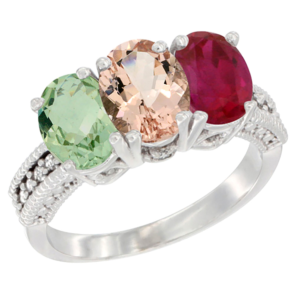 10K White Gold Natural Green Amethyst, Morganite & Enhanced Ruby Ring 3-Stone Oval 7x5 mm Diamond Accent, sizes 5 - 10