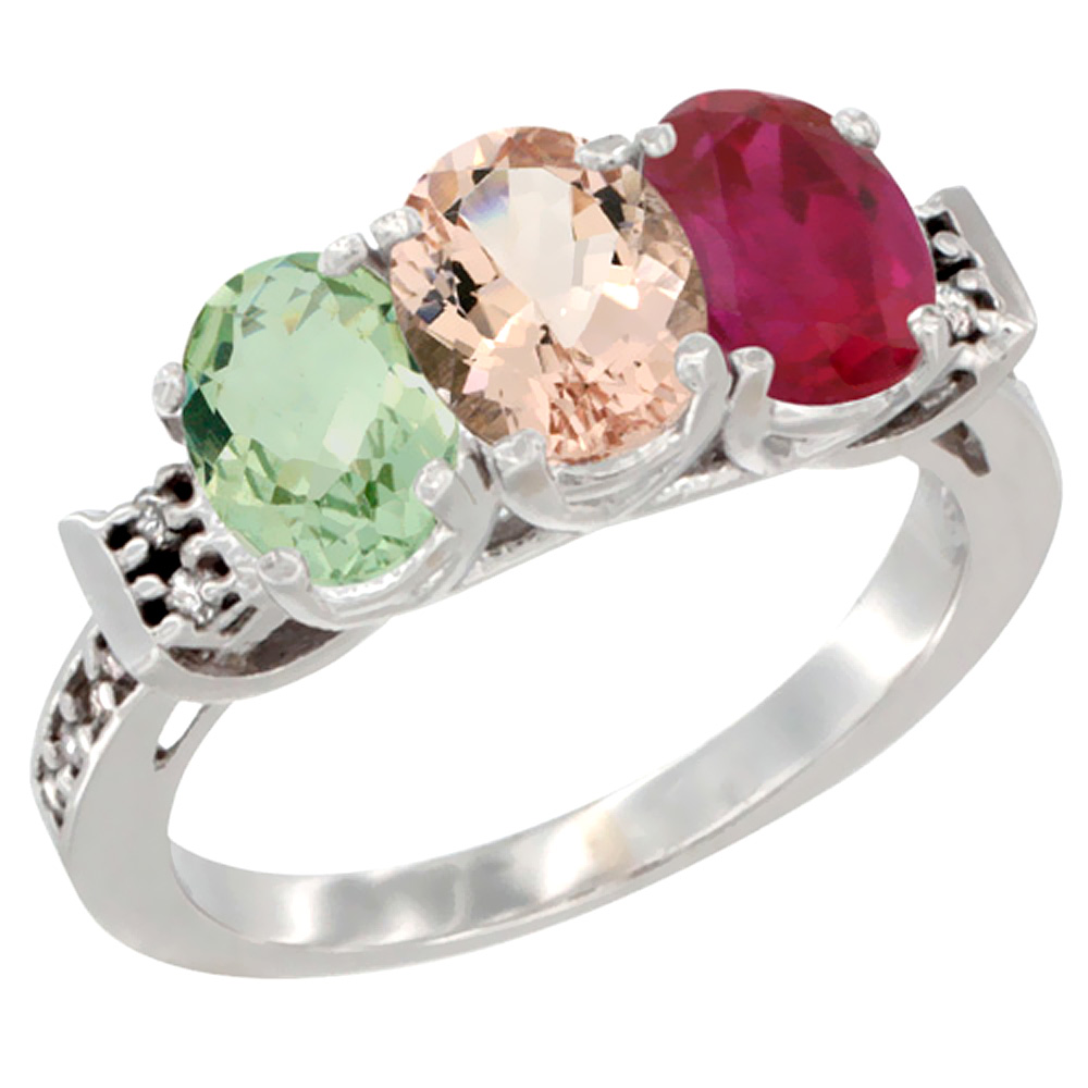 14K White Gold Natural Green Amethyst, Morganite & Enhanced Ruby Ring 3-Stone 7x5 mm Oval Diamond Accent, sizes 5 - 10