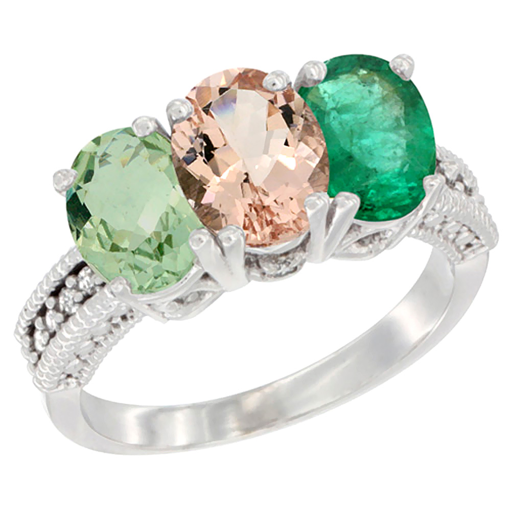 10K White Gold Natural Green Amethyst, Morganite & Emerald Ring 3-Stone Oval 7x5 mm Diamond Accent, sizes 5 - 10