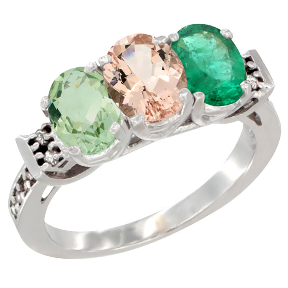 14K White Gold Natural Green Amethyst, Morganite & Emerald Ring 3-Stone 7x5 mm Oval Diamond Accent, sizes 5 - 10