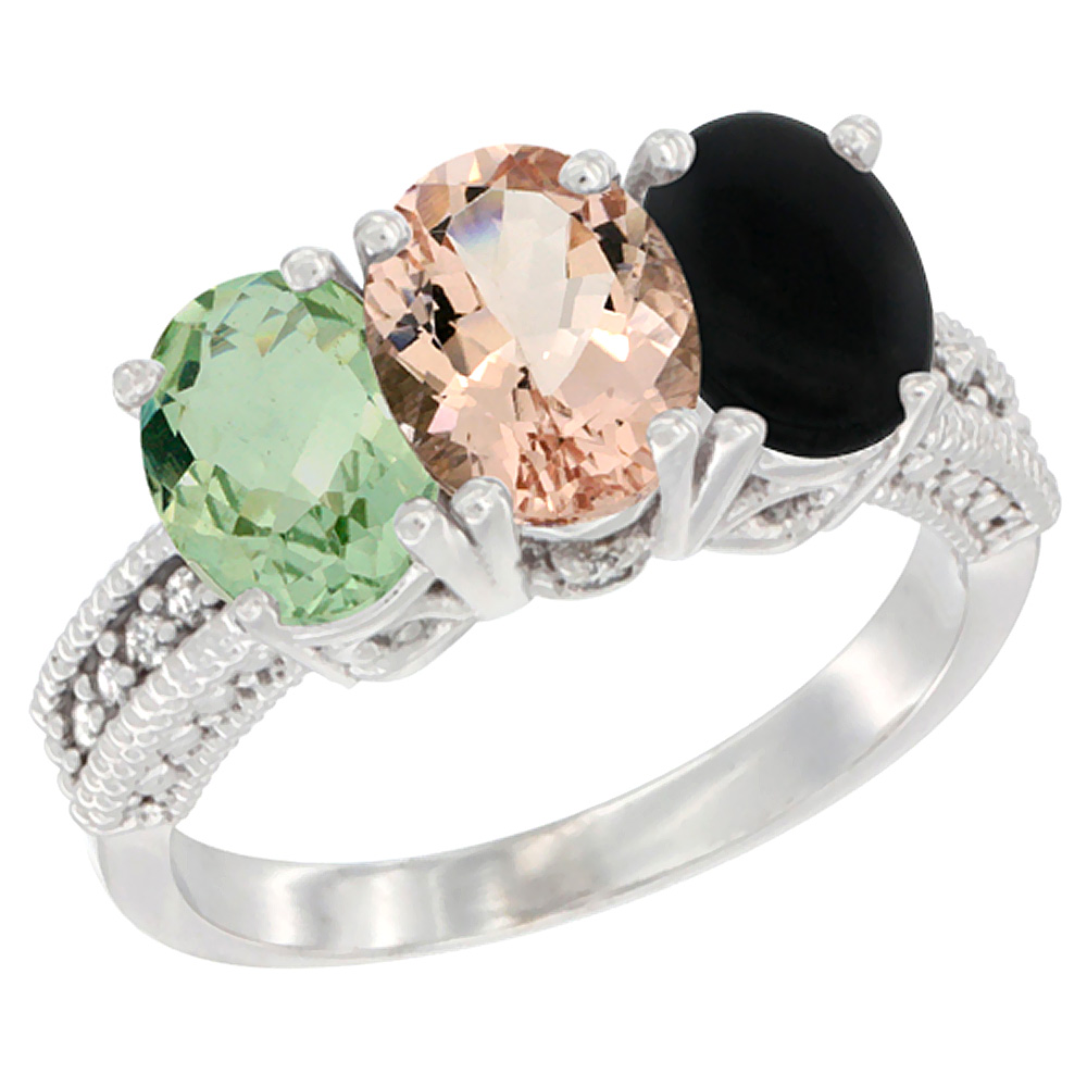 10K White Gold Natural Green Amethyst, Morganite & Black Onyx Ring 3-Stone Oval 7x5 mm Diamond Accent, sizes 5 - 10