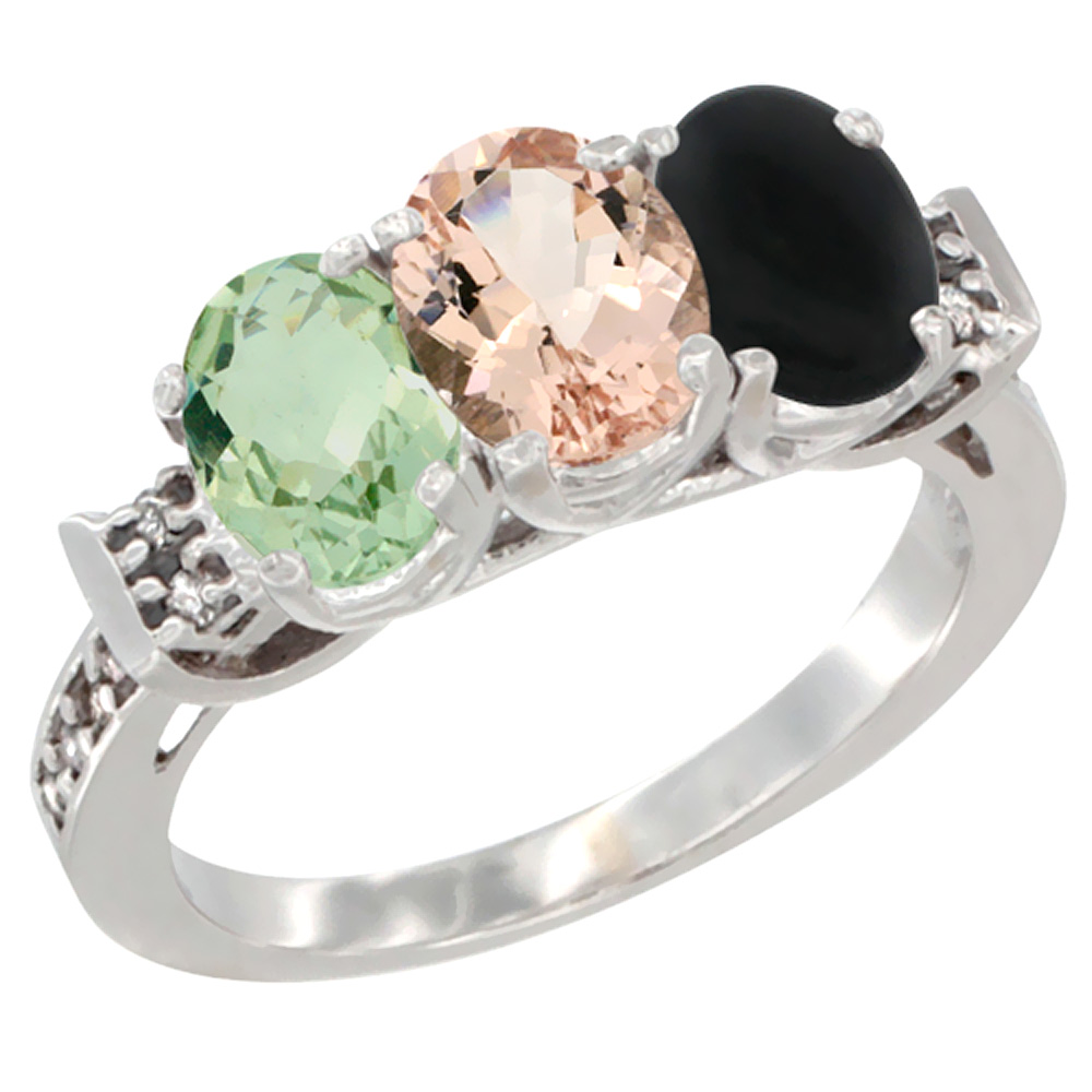 14K White Gold Natural Green Amethyst, Morganite & Black Onyx Ring 3-Stone 7x5 mm Oval Diamond Accent, sizes 5 - 10