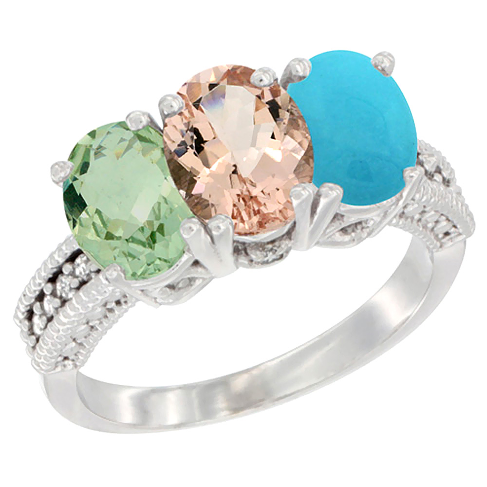 10K White Gold Natural Green Amethyst, Morganite & Turquoise Ring 3-Stone Oval 7x5 mm Diamond Accent, sizes 5 - 10