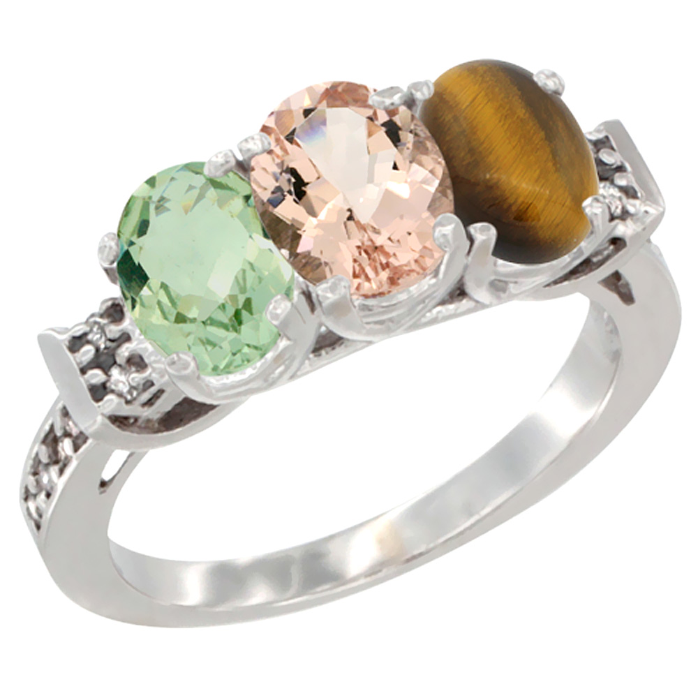 14K White Gold Natural Green Amethyst, Morganite & Tiger Eye Ring 3-Stone 7x5 mm Oval Diamond Accent, sizes 5 - 10