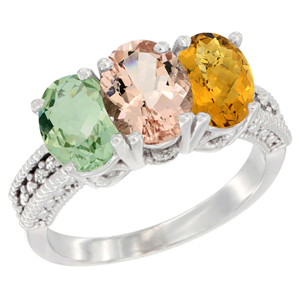 14K White Gold Natural Green Amethyst, Morganite & Whisky Quartz Ring 3-Stone 7x5 mm Oval Diamond Accent, sizes 5 - 10