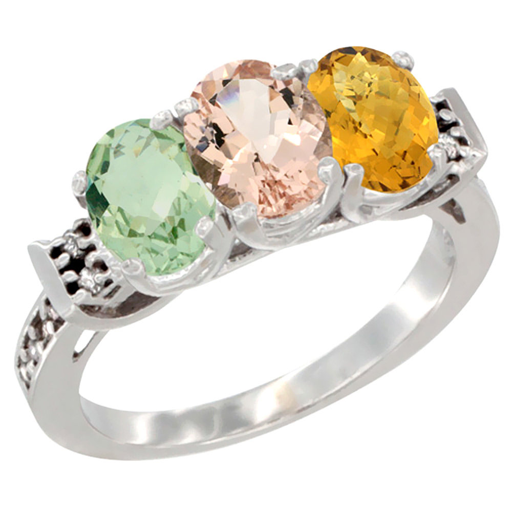 14K White Gold Natural Green Amethyst, Morganite & Whisky Quartz Ring 3-Stone 7x5 mm Oval Diamond Accent, sizes 5 - 10