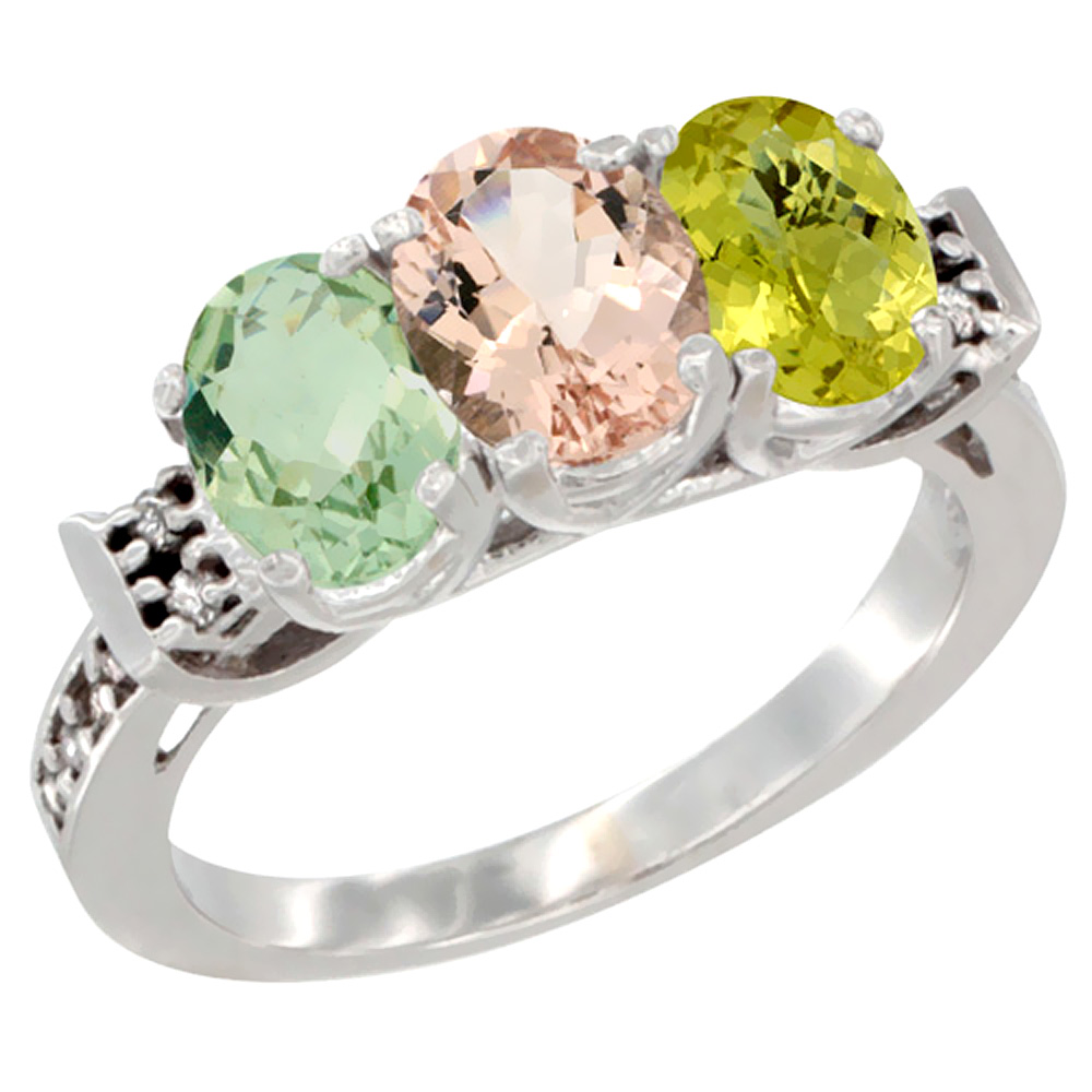 14K White Gold Natural Green Amethyst, Morganite & Lemon Quartz Ring 3-Stone 7x5 mm Oval Diamond Accent, sizes 5 - 10