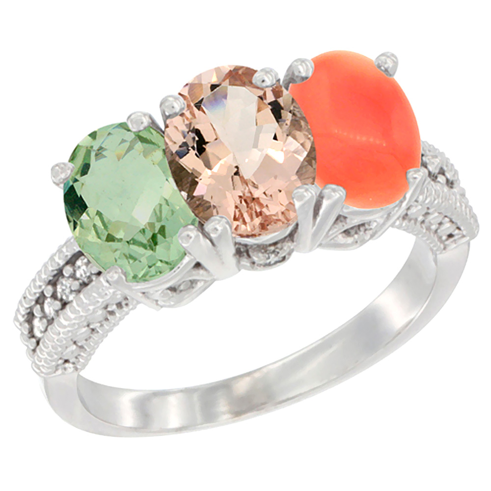 10K White Gold Natural Green Amethyst, Morganite & Coral Ring 3-Stone Oval 7x5 mm Diamond Accent, sizes 5 - 10