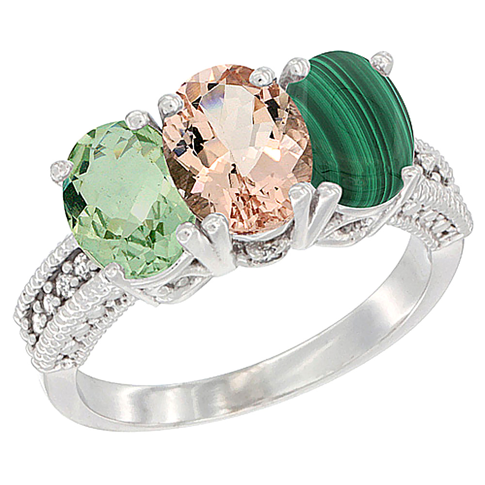 10K White Gold Natural Green Amethyst, Morganite & Malachite Ring 3-Stone Oval 7x5 mm Diamond Accent, sizes 5 - 10