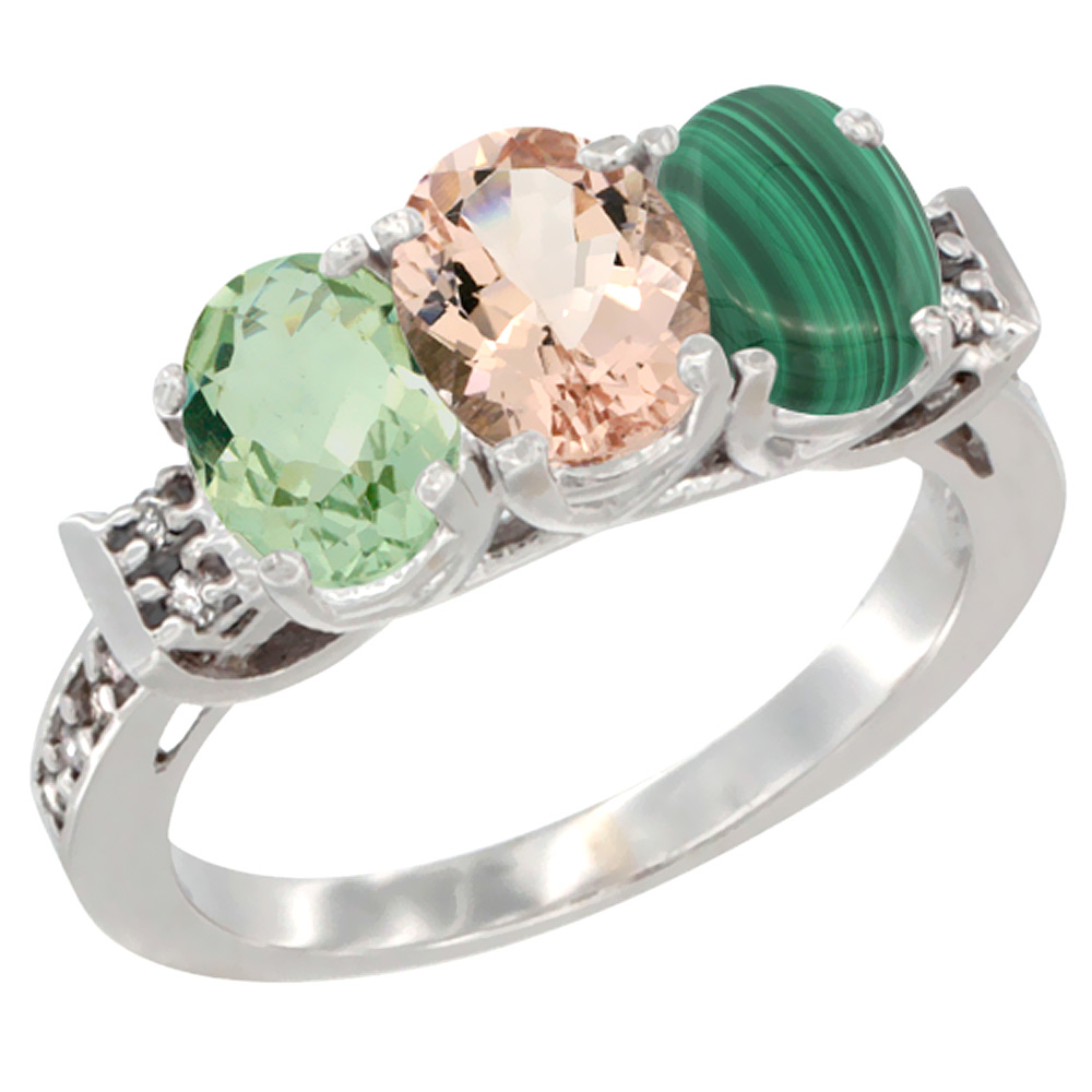 14K White Gold Natural Green Amethyst, Morganite & Malachite Ring 3-Stone 7x5 mm Oval Diamond Accent, sizes 5 - 10