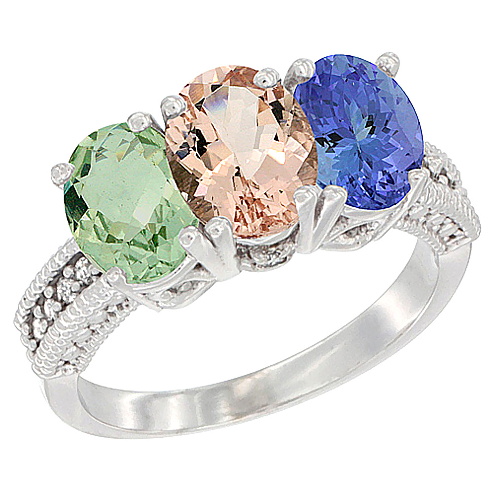 14K White Gold Natural Green Amethyst, Morganite & Tanzanite Ring 3-Stone 7x5 mm Oval Diamond Accent, sizes 5 - 10