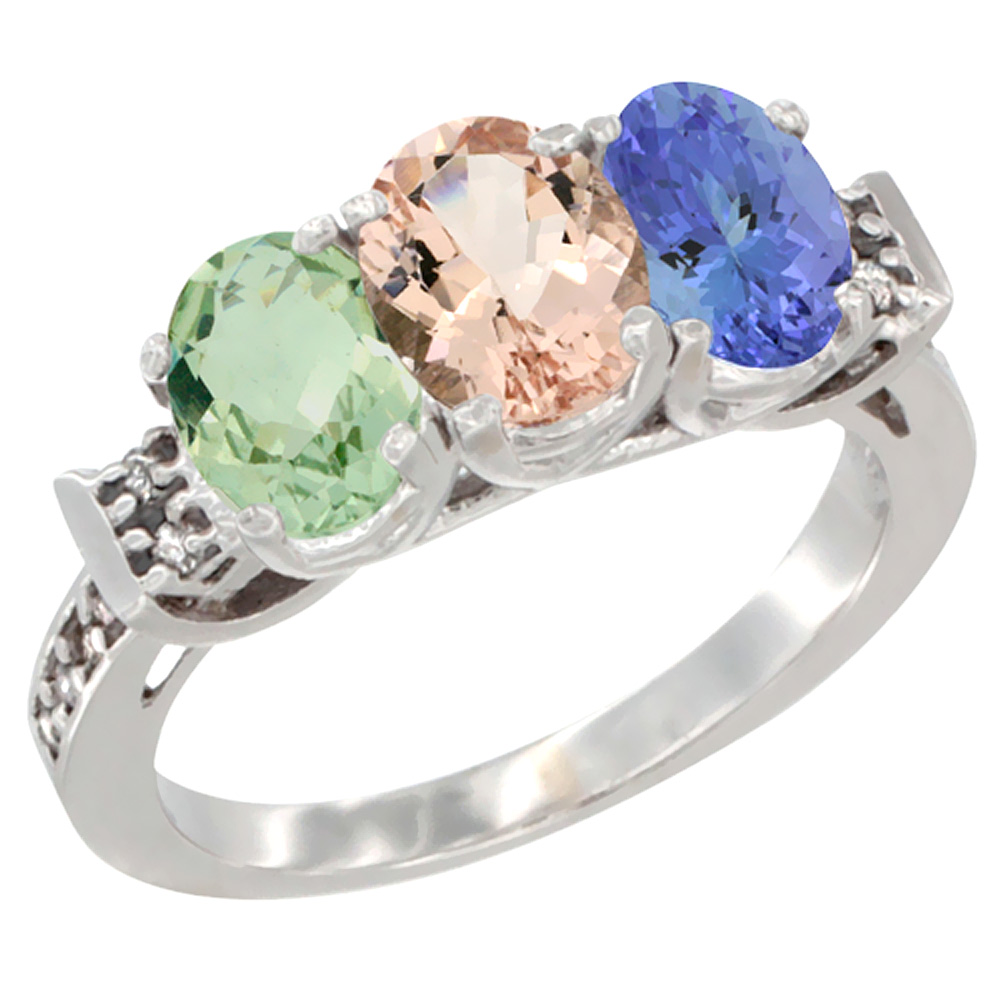 14K White Gold Natural Green Amethyst, Morganite & Tanzanite Ring 3-Stone 7x5 mm Oval Diamond Accent, sizes 5 - 10