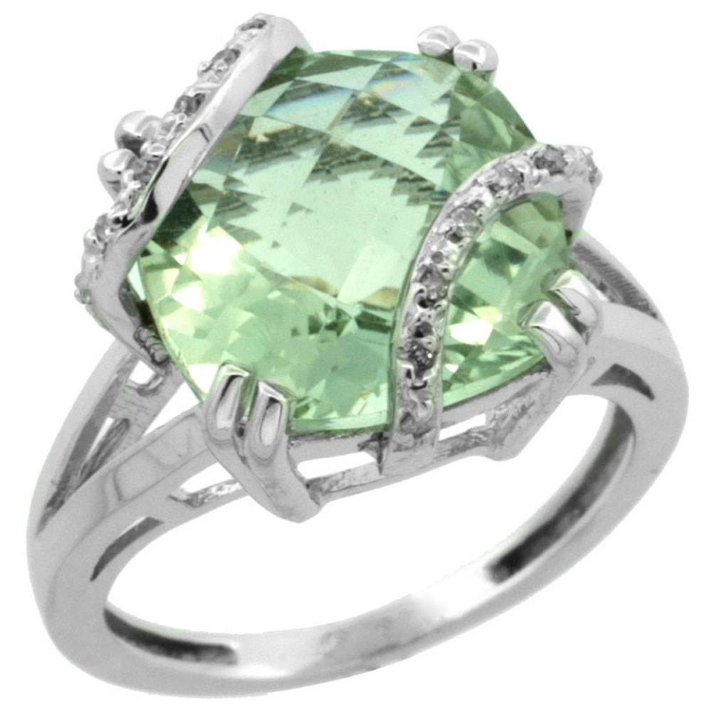 14K White Gold Natural Green Amethyst Ring Cushion-cut 12x12mm Diamond Accent, sizes 5-10