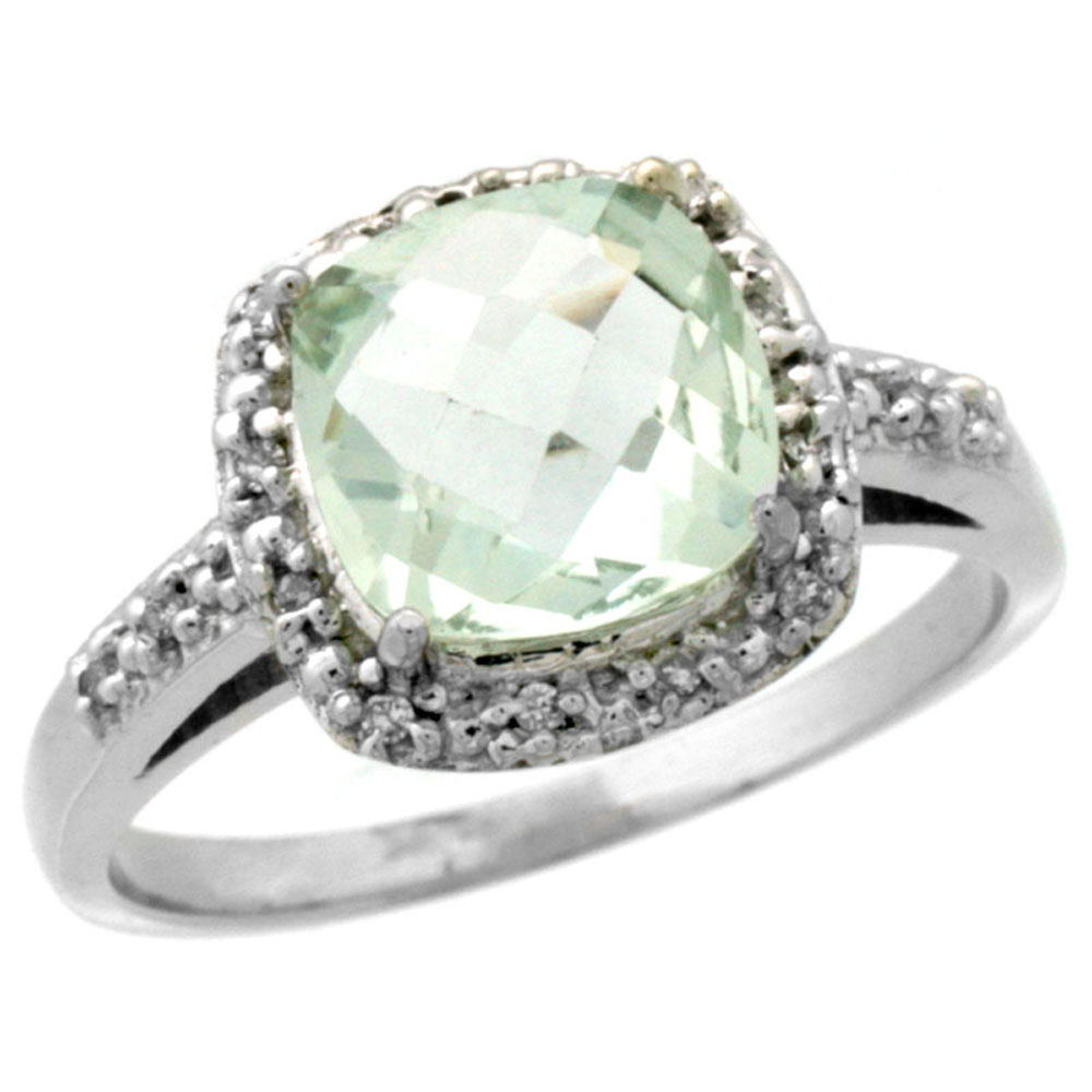 14K White Gold Diamond Natural Green Amethyst Ring Cushion-cut 8x8 mm, sizes 5-10