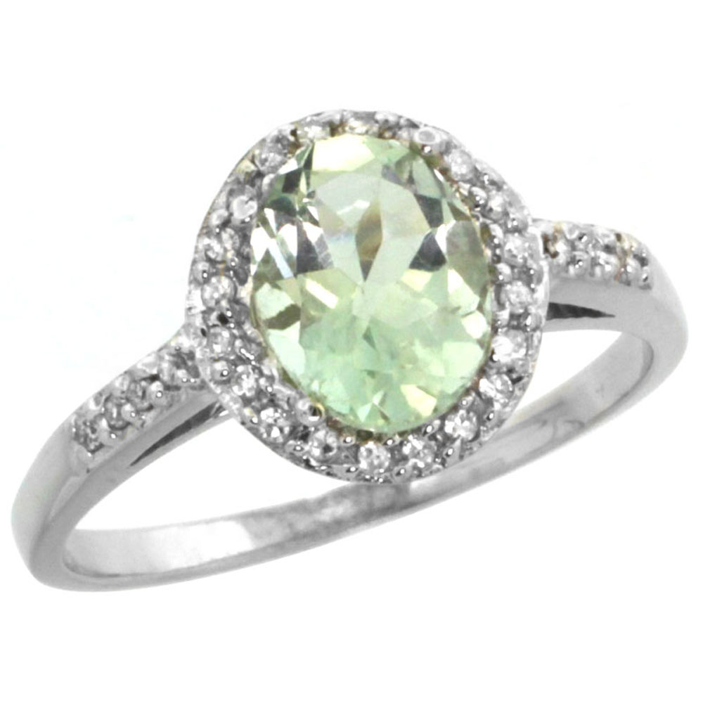 10K White Gold Diamond Genuine Green Amethyst Ring Oval 8x6mm sizes 5-10