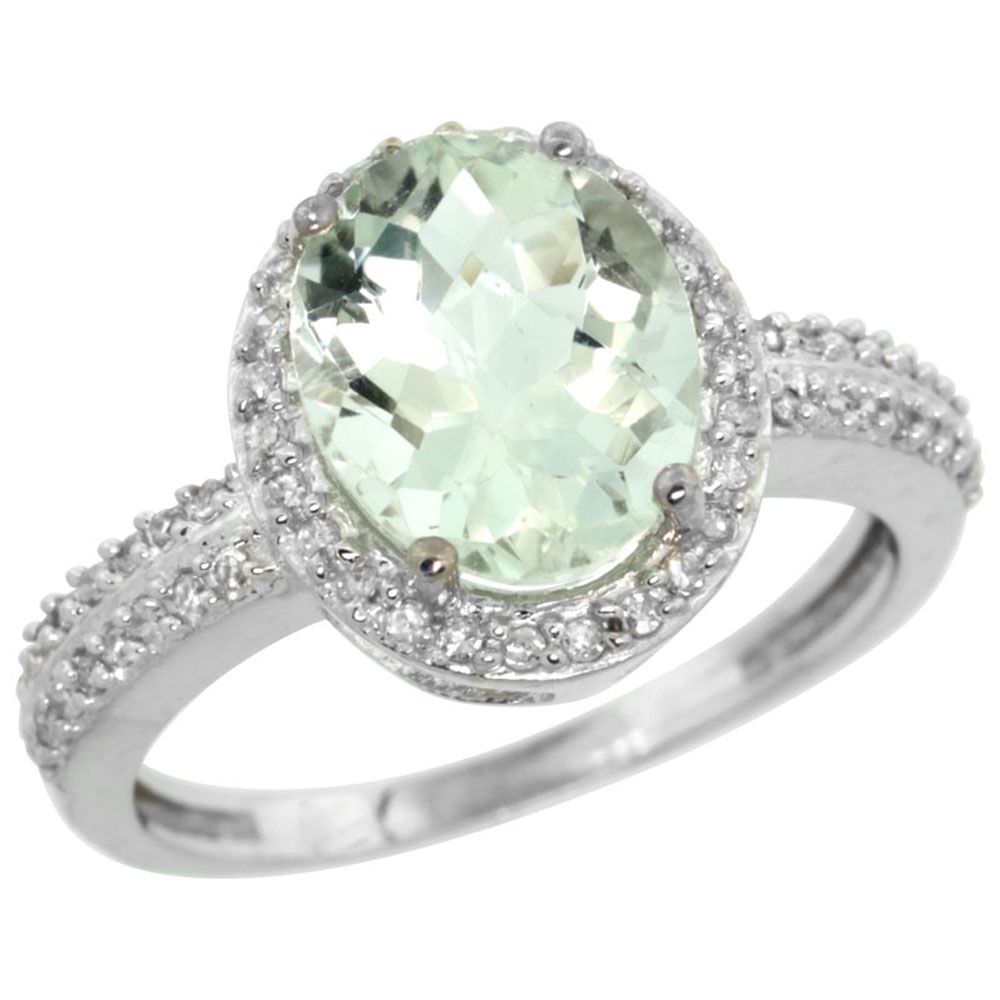 10K White Gold Diamond Genuine Green Amethyst Engagement Ring Oval 10x8mm sizes 5-10