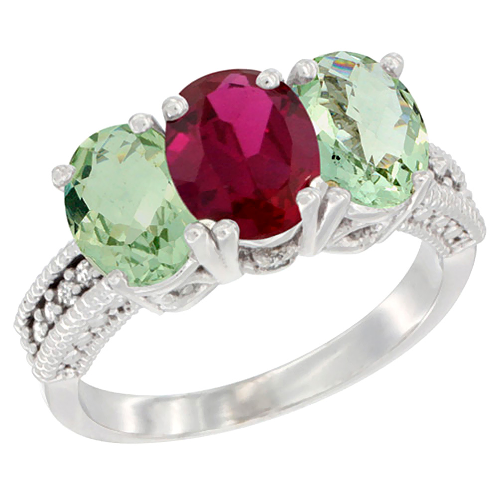 10K White Gold Enhanced Ruby & Natural Green Amethyst Sides Ring 3-Stone Oval 7x5 mm Diamond Accent, sizes 5 - 10