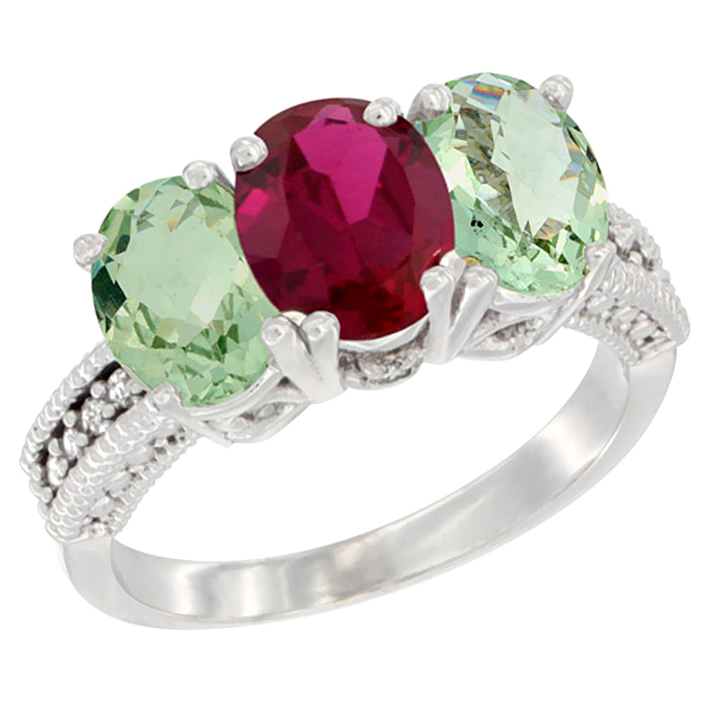 14K White Gold Natural Enhanced Ruby & Natural Green Amethyst Sides Ring 3-Stone 7x5 mm Oval Diamond Accent, sizes 5 - 10