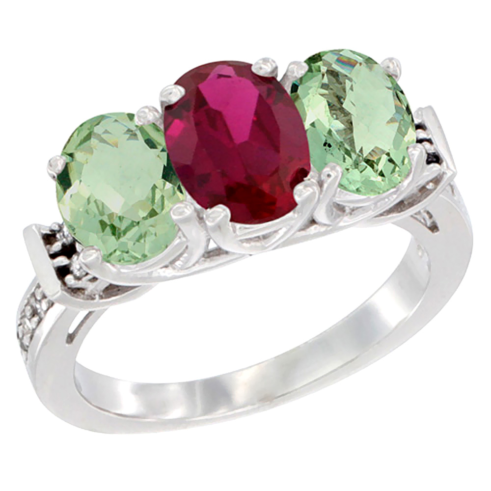 14K White Gold Natural High Quality Ruby &amp; Green Amethyst Sides Ring 3-Stone Oval Diamond Accent, sizes 5 - 10